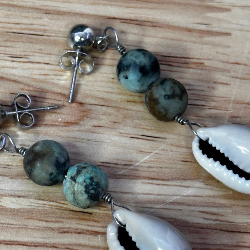 Boho Cowrie Shell Turquoise Stone Dangle Earrings Silver Tone Post Back Coastal